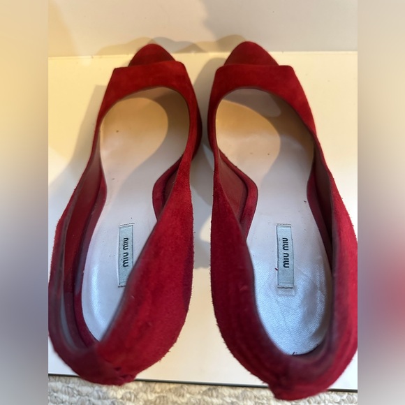 Miu Miu Suede Peep Toe Red Heels with detailed Stitching on the Heel Sz 38 - Picture 6 of 13